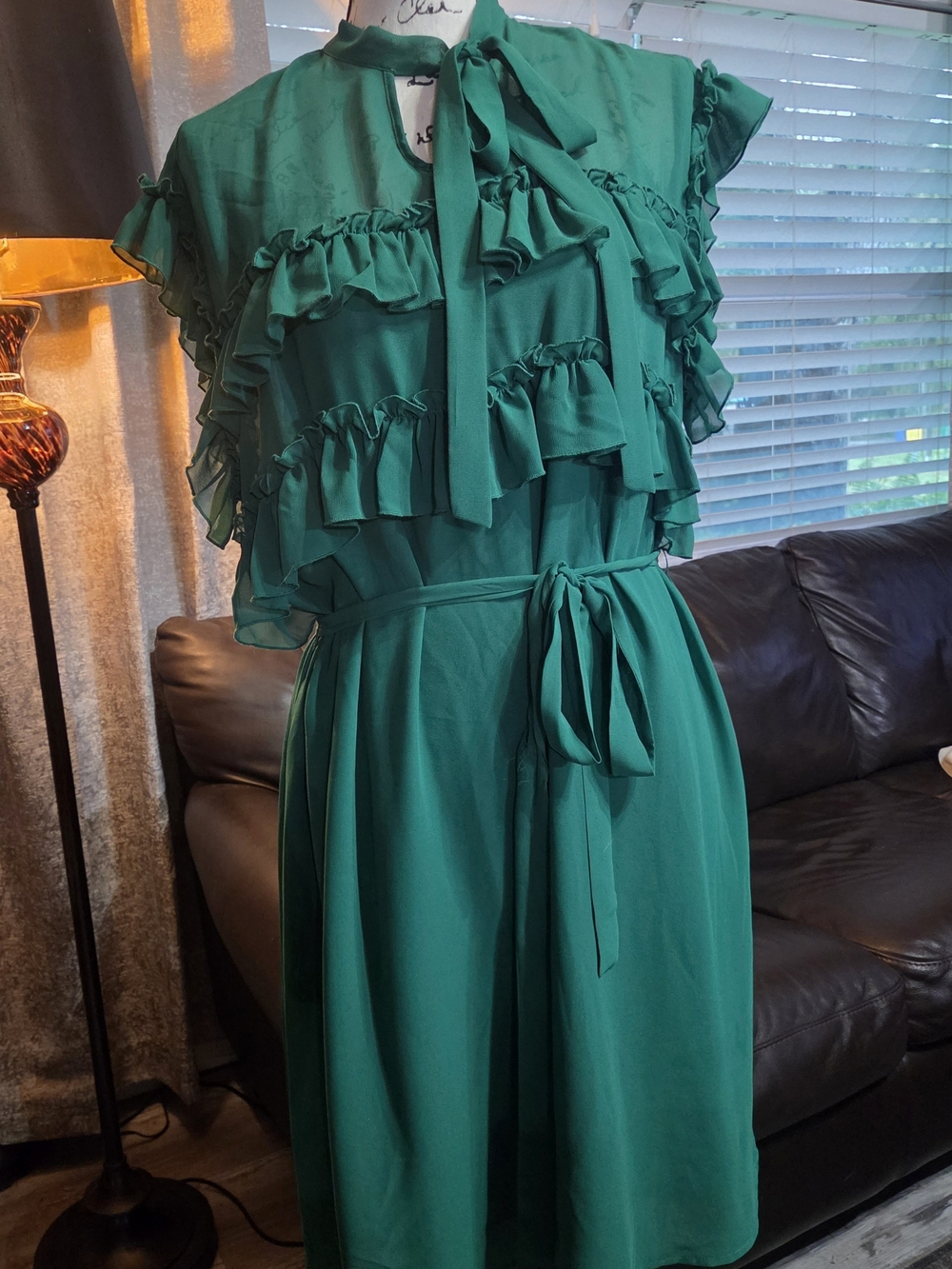 New York & Company Emerald Green Ruffle Tie-Neck Midi Dress